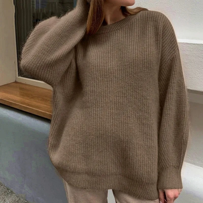 

2022 Autumn Winter New Sweater Women Round Neck Solid Color Thick Knitted Pullover Loose Casual Over Size Sweater