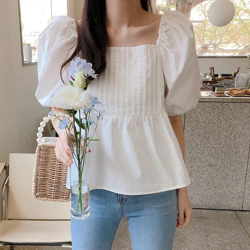 

Korean Style Square Neck Blouse 2022Puff Short Sleeve Loose Ladies Women Shirts Blouses Femme Stitching Summer Women Tops 15091