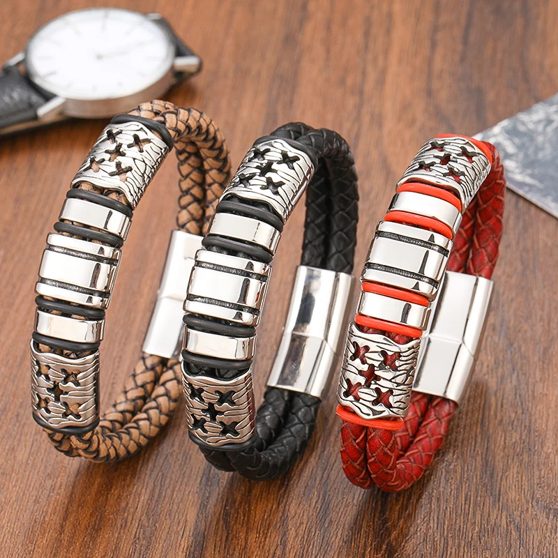 

Punk New Summer Fashion Real Gray Braided Leather Bracelet Bracelet 316L Stainless Steel Bracelet Men's Retro Wristband Jewelry