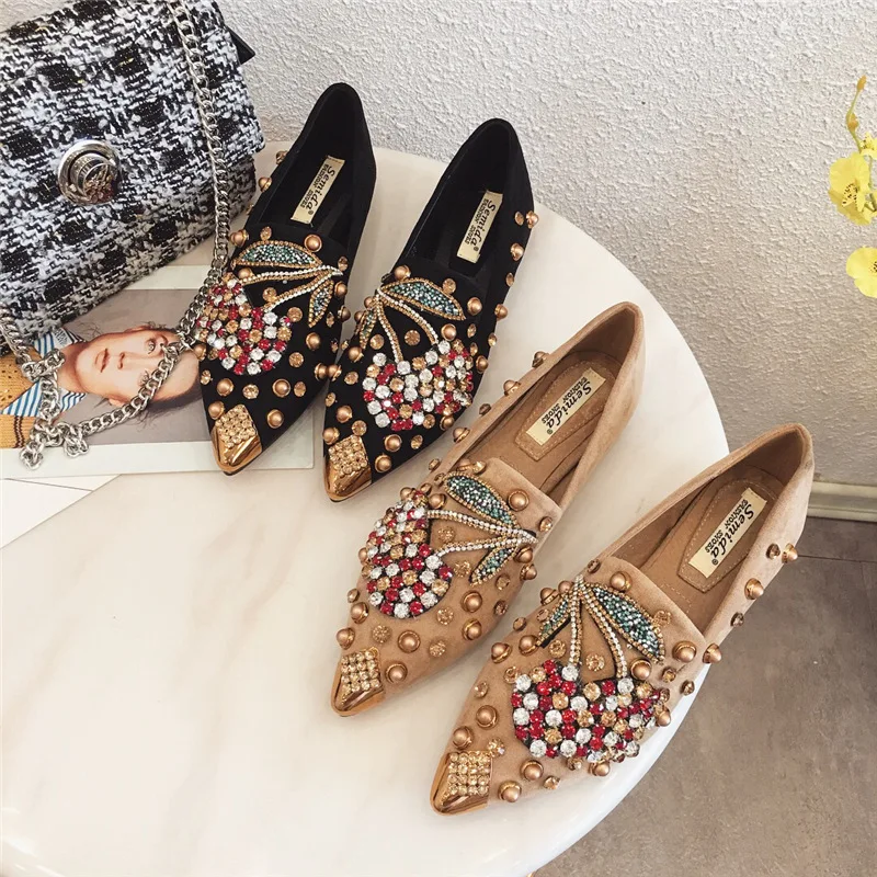 Ladies Flat Shoes Rhinestone Cherry Spring 2021 Ladies Metal Pointed Casual Shoes Comfortable Flat Shoes Loafers Women's Shoes