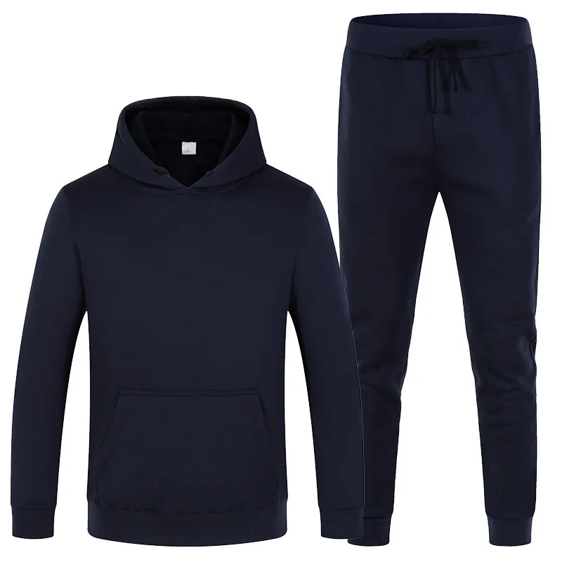 

2021 New Men's Sweater Two-Piece Suit Spring And Autumn Pure Color Fashion Sportswear Hooded Drawstring Top + Pants Plus Size Le