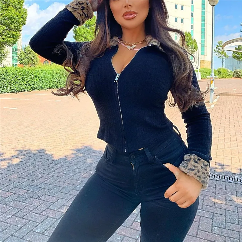 

Black Leopard Fur Polo Collar Slim Zipper Plush Knit Sweater Women Cardigan Winter Top Slim Sexy Elegant Office Lady Casual Girl