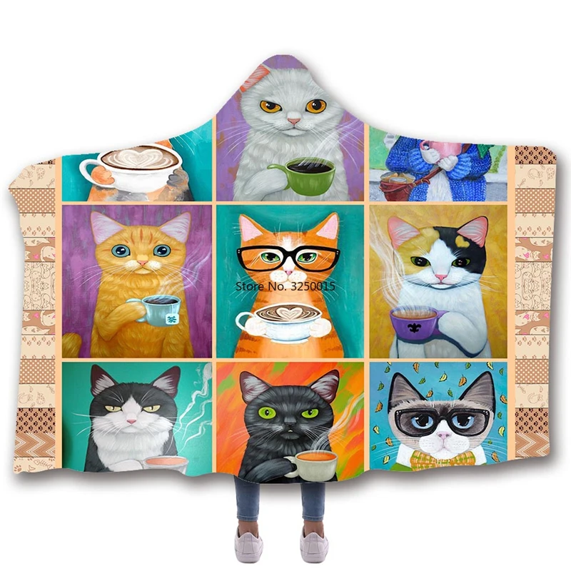 

Cat Animal Print Hooded Blanket Fleece Blankets And Throws Blankets For Beds Double Layered Velvet Wearable Soft Blanket