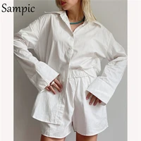 sampic casual women summer long sleeve blouse tracksuit shorts set loose tops and high waisted mini shorts two piece set 2021