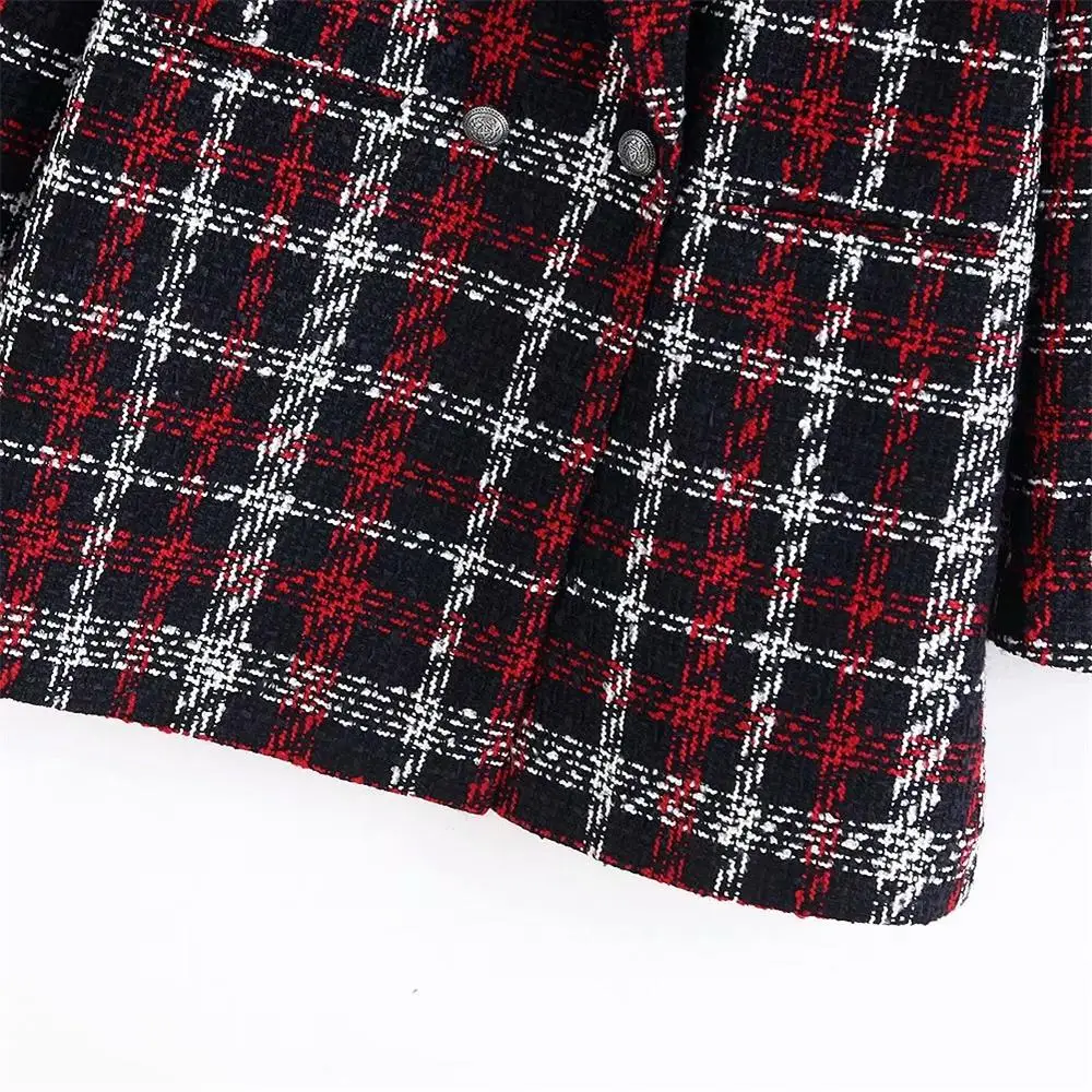 

Fall 2019 Women's New French Small Fragrance Famous Plaid Double-breasted Suit, Wool Turn-collar, Retro Plaid Suit