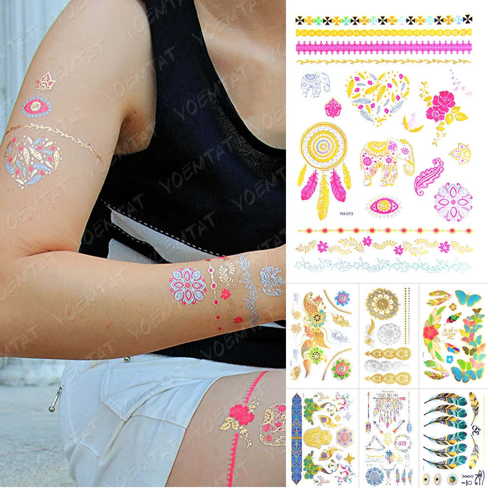

Waterproof Temporary Tattoo Sticker Metallic Gold Silver Pink Elephant Feather Mandala Flash Tatto Women Arm Body Art Fake Tatoo