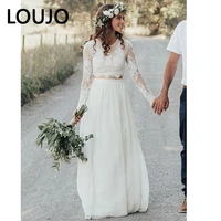 luojo two piece wedding dress 2022 o neck long sleeves lace wedding gown bohemian summer white bride dress vestidos de novia