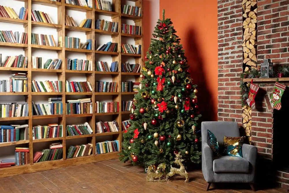 Фон для фотосъемки Рождественская елка книжная полка камин кирпичная стена фон