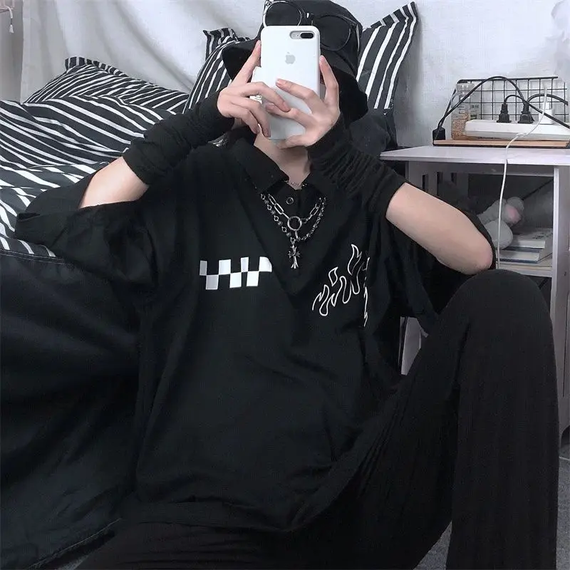 

New Ins Casual Street Flame Plaid Print Lapel Short-sleeved T-shirt for Men and Women In Summer Korean Loose Hip-hop T-shirt Top