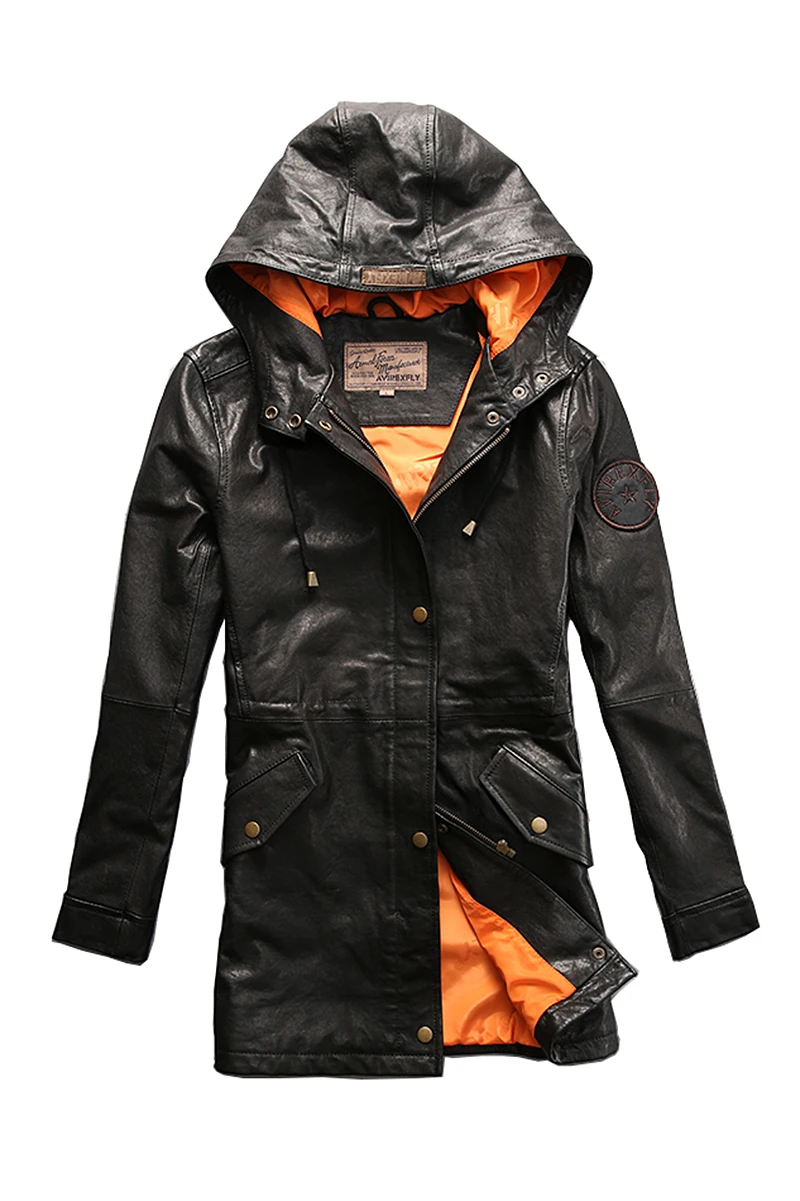 

Avirex 2021 New fly hooded leather wommen black goatskin flight casual pilot jacket autumn windbreaker