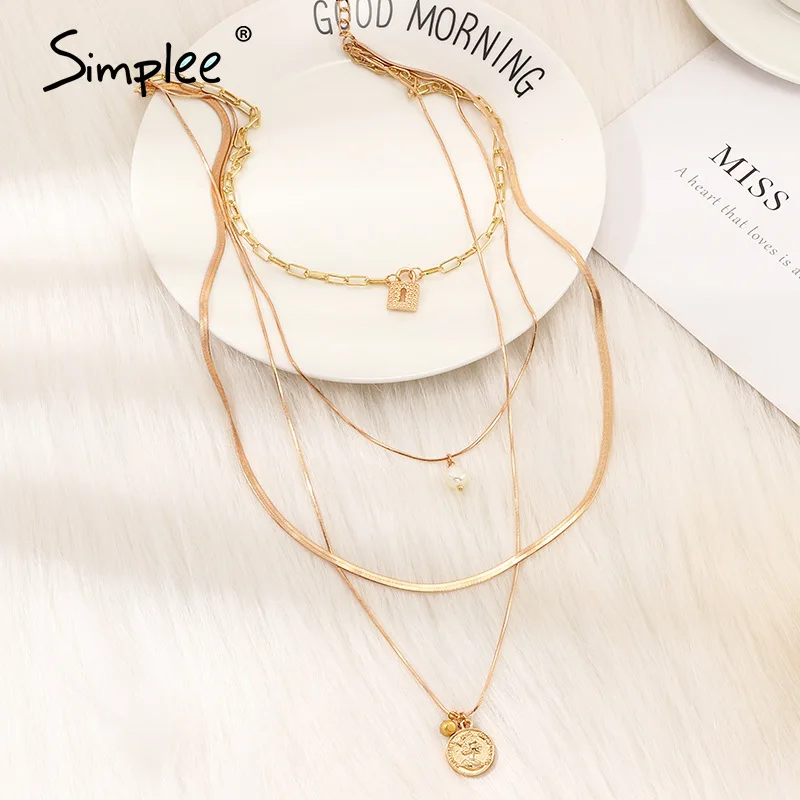 Simplee Golden chain pendant necklace Fashion jewelry lock eye women long Streetwear party charm accessories 2020 | Украшения и