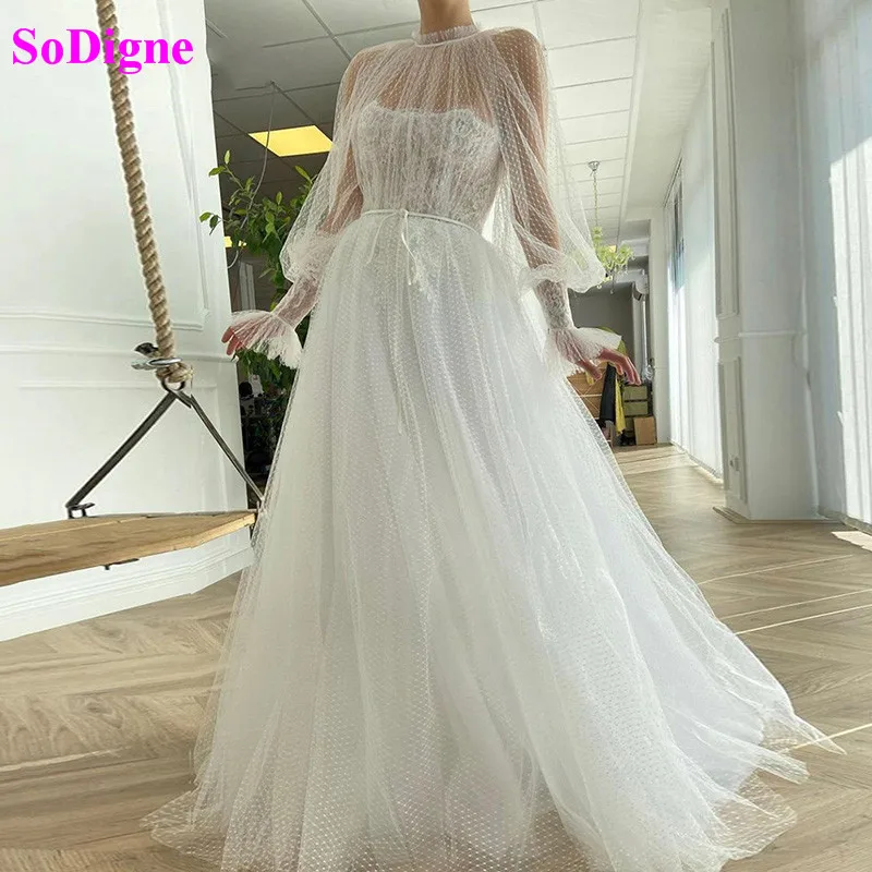 

SoDigne Ivory Tulle Long Evening Dress A-Line Puffy Sleeve Celebrity Dress Lace Wedding Party Gown Robe De Soiree