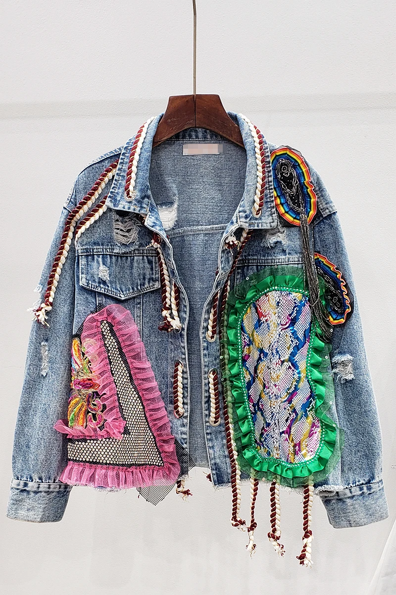 

European station 2021 spring and autumn new heavy industry beaded tie stitching gauze to make old denim jacket female trend