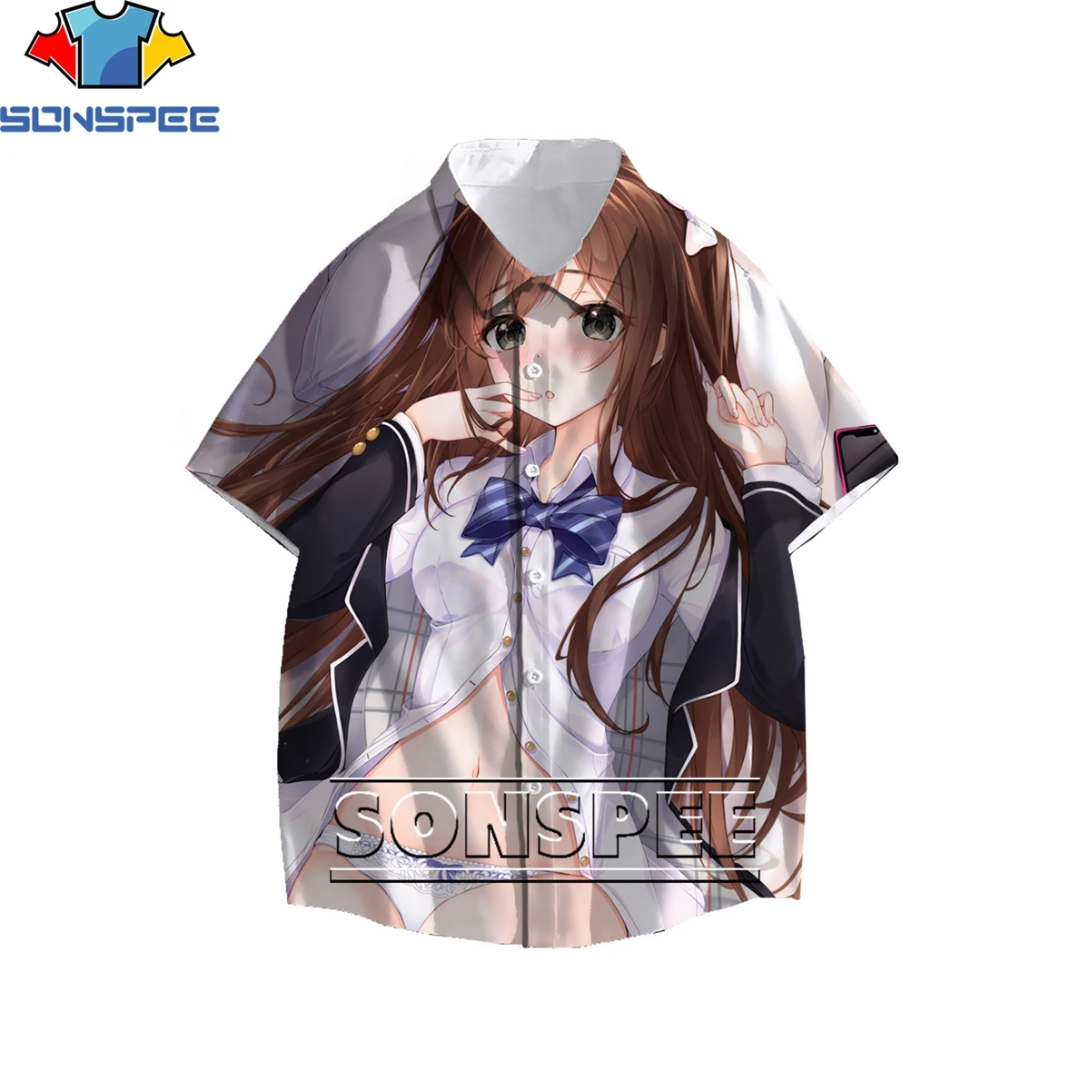 

SONSPEE Cartoon Anime Sexy Full Girl Loli 3D Print Men's Shirt Summer Original Personality Hawaiian Beach Loose Buttons Top