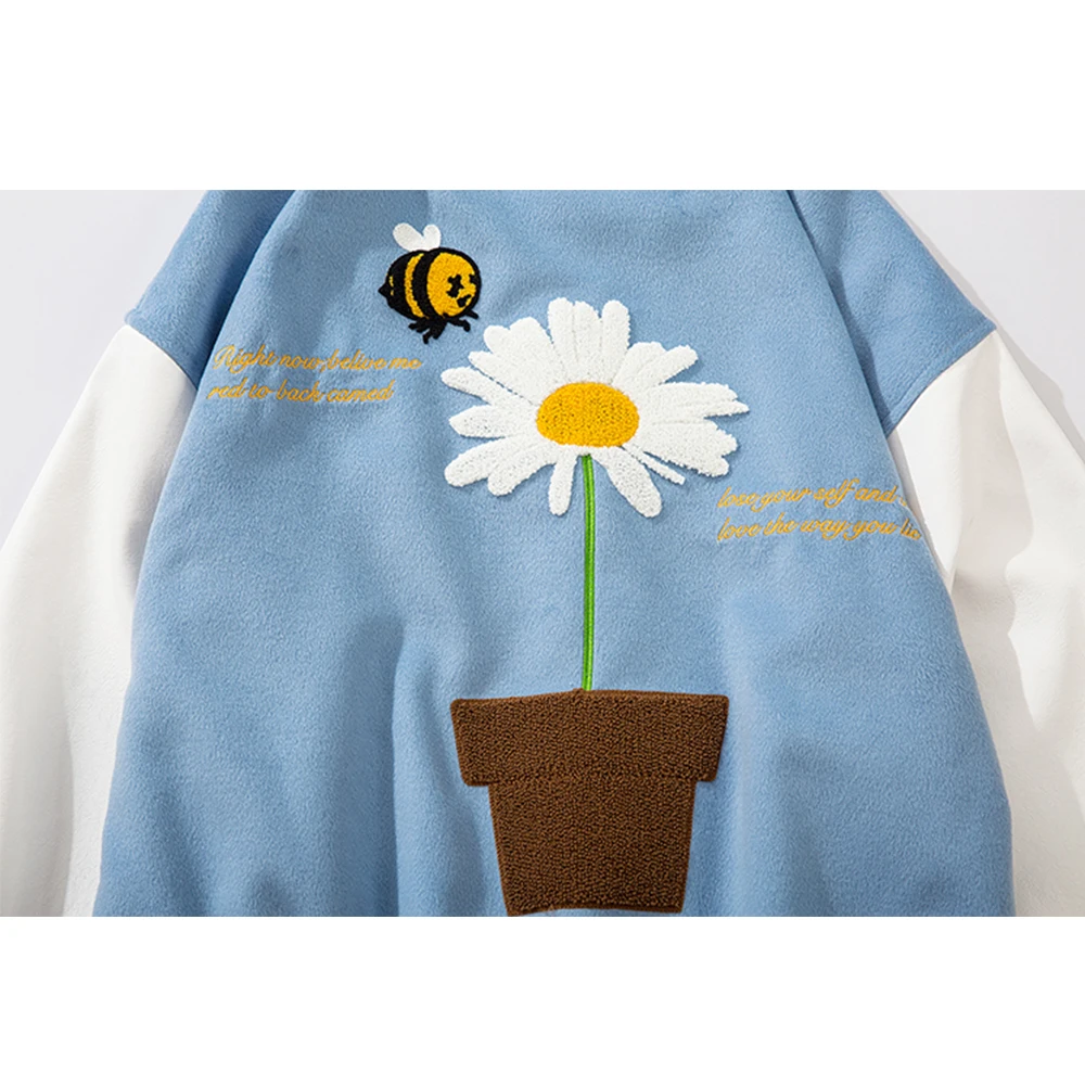 

Furry Big Letter Daisy Flowers Patch Leather Patchwork Baseball Jacket Men Autumn College Style Bomber Jackets Coat Men