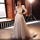 Роскошные блестящие трапециевидные Свадебные платья с пайетками с пышными длинными рукавами прозрачные пуговицы сзади длиной до пола блестящие свадебные платья