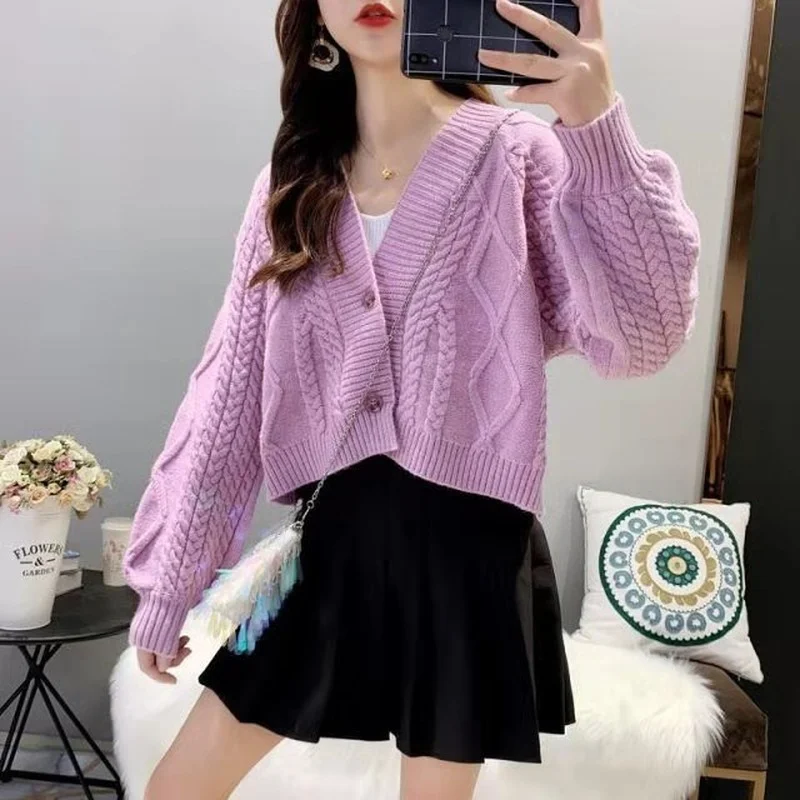 

SONDR Women Cardigan Lantern Sleeve Knitted Sweater Pure Color Casual Lazy Cardigan Women Top Spring and Autumn S-2XL