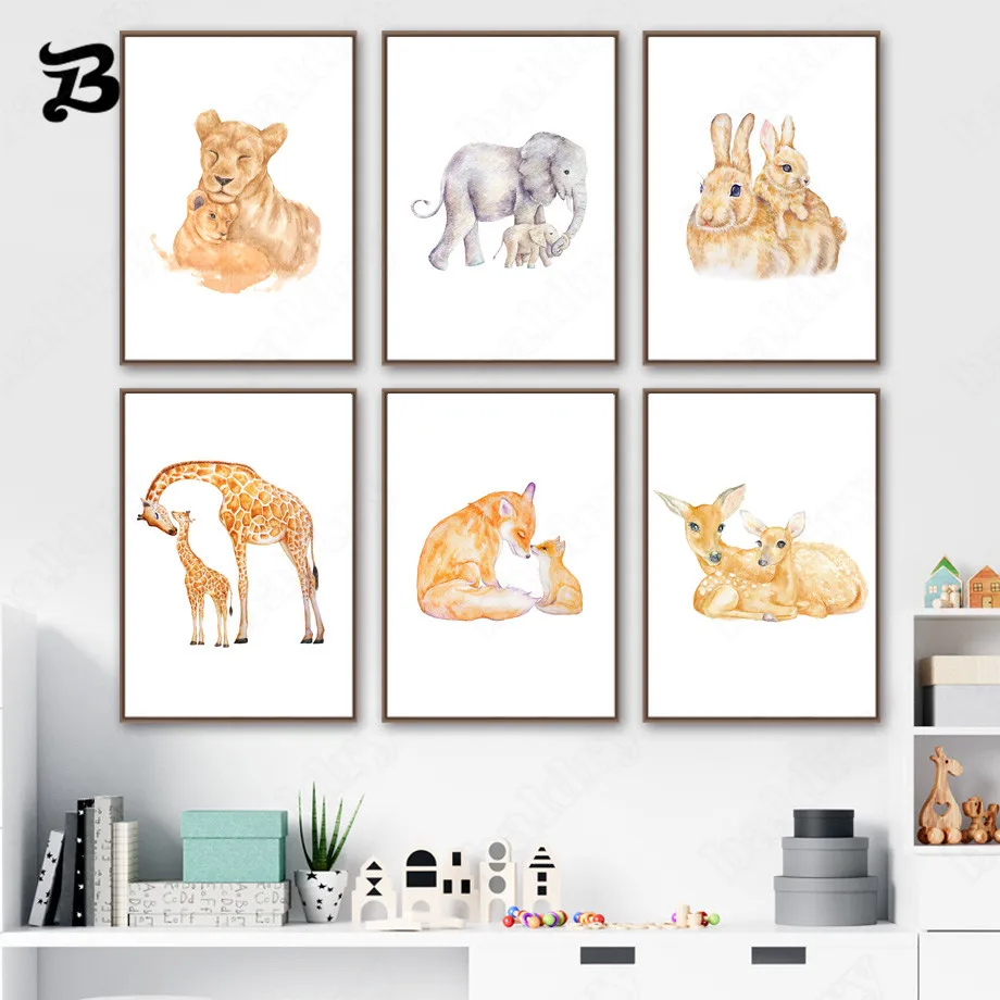 

Canvas Painting Animals Nursery Wall Art Cartoon Deer Rabbit Lion Giraffe Fox Elephant Canvas Posters Prints for Kids Room Decor