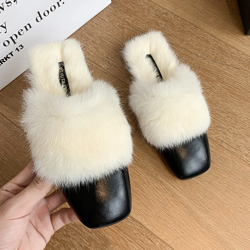 

2021 Autumn Winter Fashion Rabbit Hair Baotou Flat Slippers Women Muller Outside Wear Square Head Plush Half Slippers Female