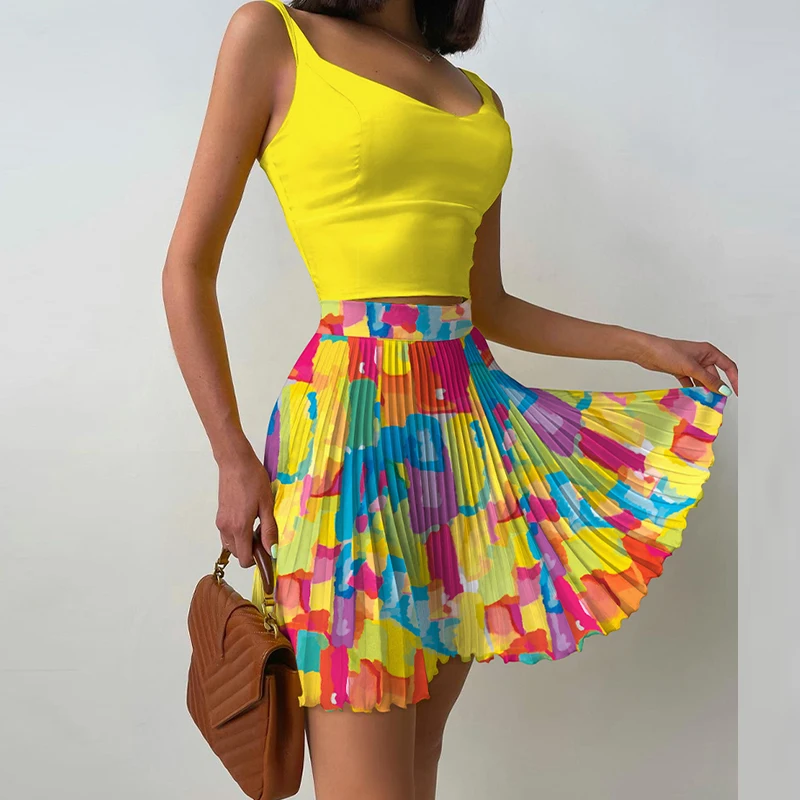 

Sexy Off Shoulder Straps Tops + Mini Skirts Outfits Set Casual Sleeveless Sports Two Piece Set Women Elegant Pleated Skirt Suits