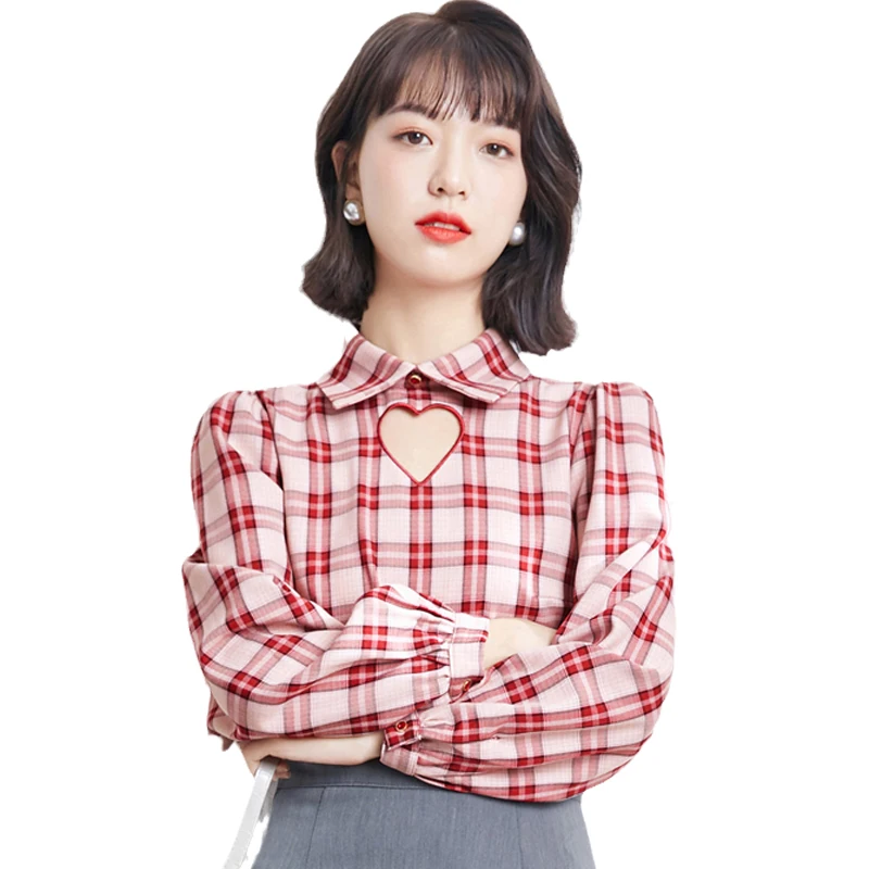 

2021 Women Clothes Plus Size Love Hollow Out Blouses Spring Long Sleeve Blue OL Blusa Elegant Casual Wear Plaid Tops Tees 1110