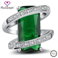 huisept trendy women men ring silver 925 jewelry rectangle shape emerald zircon gemstone finger rings for wedding party gift