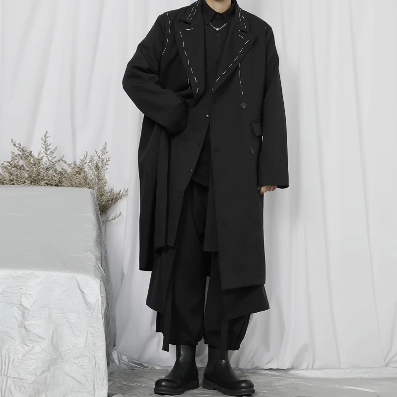 

Men's Loose Medium And Long Windbreaker Coat 2022 Spring New Dark Loose Double Breasted Knee Length Windbreaker Coat