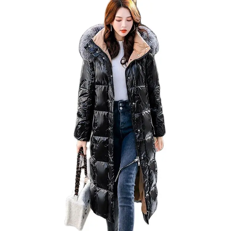 

Парка на белом утином пуху 90%, длинное пальто с капюшоном из лисьего меха, толстая зимняя одежда, глянцевая водонепроницаемая черная пуховая...