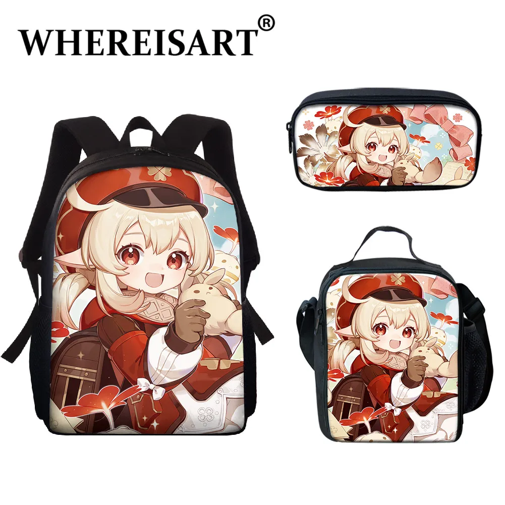 

Высокая популярность среди игр Genshin Impact, унисекс, Klee 3 шт./компл., рюкзак, школьный портфель, Мультяшные пеналы для мальчиков и девочек