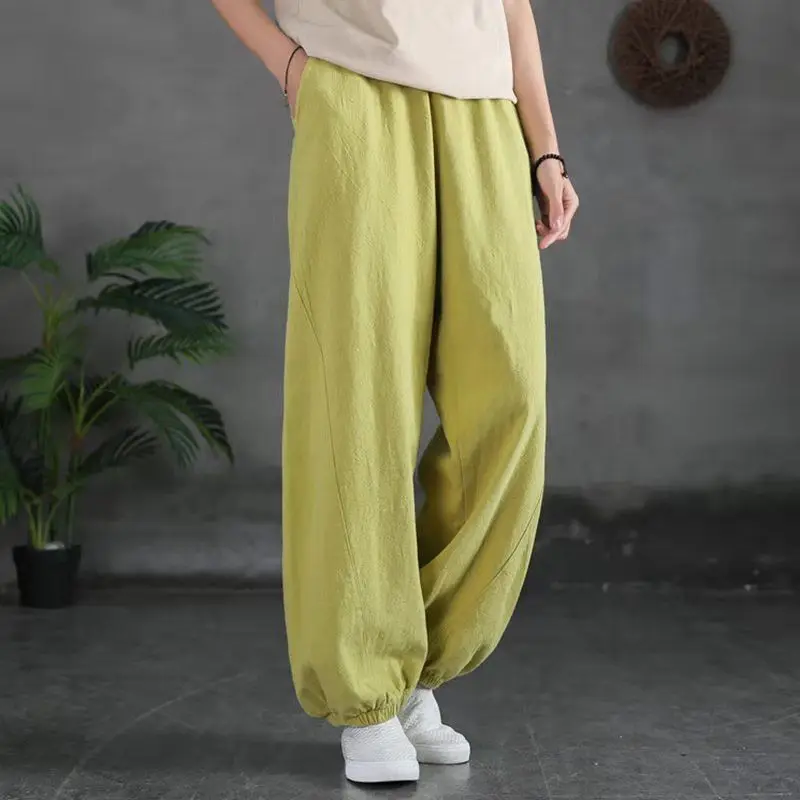

2021 Spring and Summer New Cotton and Linen Women's Ankle Banded Pants Loose All-Match Casual Solid Color Cropped Pants