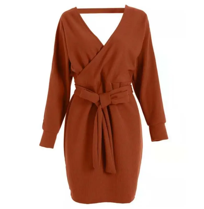 Популярное женское платье 2019 вязаное мини Осень зима сексуальное зеленое свитер