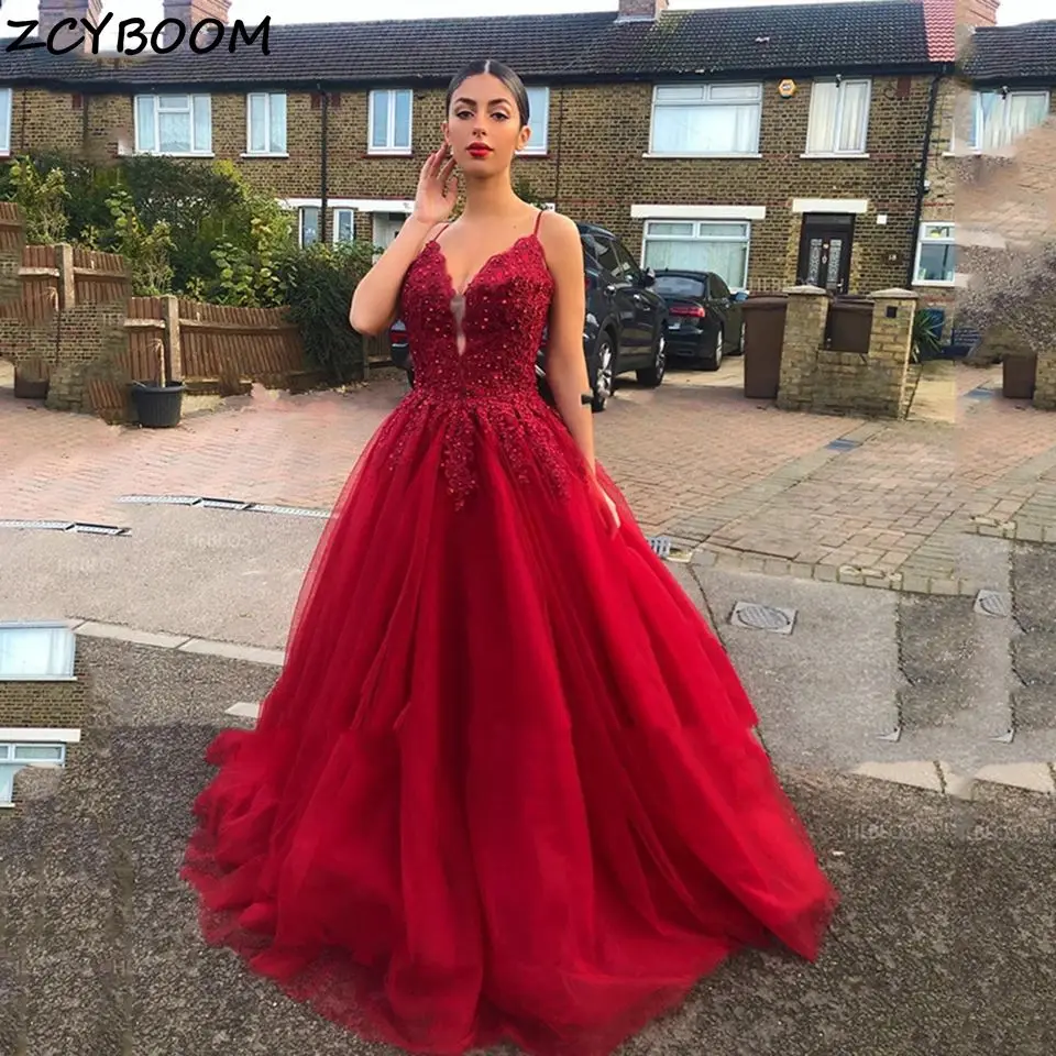 

Red Prom Dresses 2021 Women Formal Party Night Elegant A-Line Applique Tulle Vestido De Gala Spaghetti Straps Long Evening Gowns