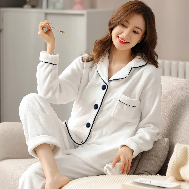Winter Flannel Pajamas Women PJ Full Sleeves Warm Thicken Pijama Mujer Sleepwear Ladies Green Coral Fleece Pyjama Polaire Femme