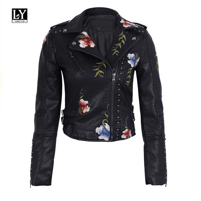 Женская мотоциклетная куртка LY VAREY LIN из искусственной кожи с цветочной вышивкой