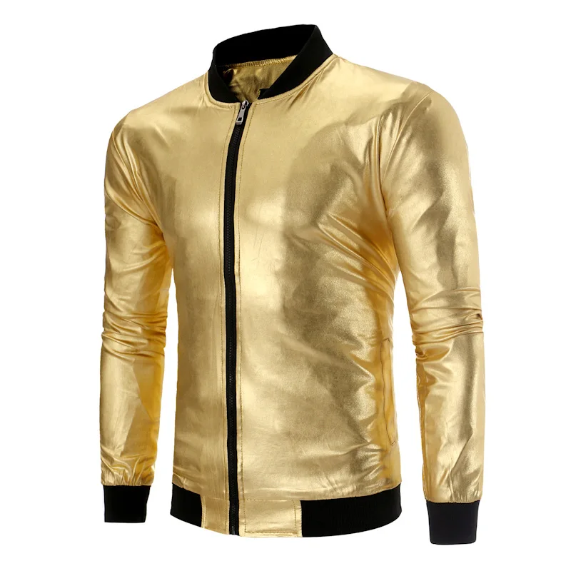 

Mens Shiny Gold Coated Metallic Jackets and Coats Streetwear Baseball Bomber Jacket Men Club Stage Singer Jacket Chaqueta Hombre