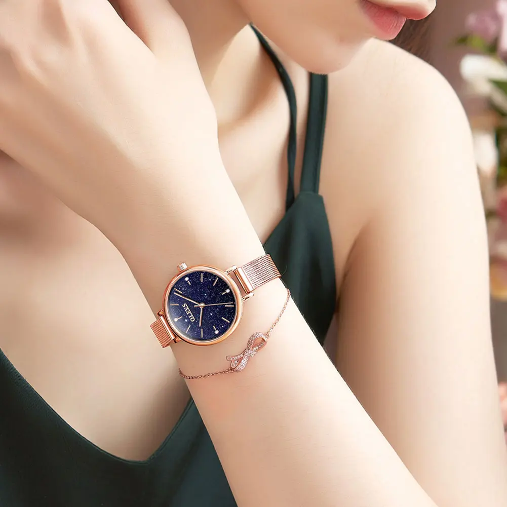 

Женские наручные часы OLEVS, розовое золото, звездное небо, кварцевый ремешок, ультратонкий Модный повседневный сетчатый водонепроницаемый п...