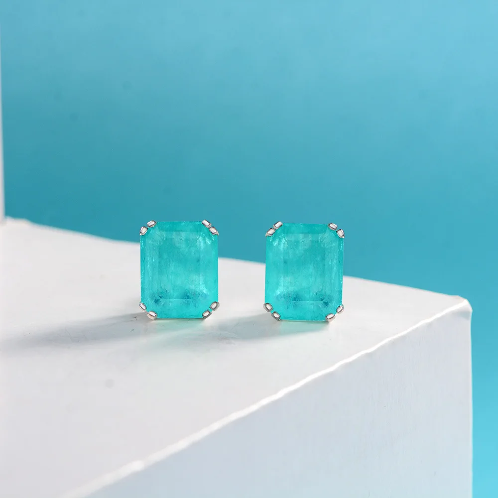 

Paraiba earrings 925 sterling silver jewelry female water blue 8*10 geometric wild simple earrings female