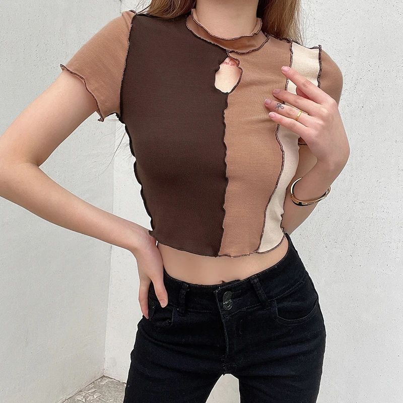 

Brown Sexy Hollow Out Ladies Short Sleeve T-shirts Slim Fit Crop Tops Fashion Tees Patchwork Frill Women's Clothing Summer 2021