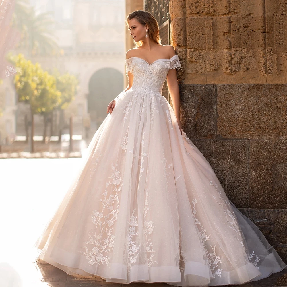 

Gorgeous Exquisite Boat Neck Card Shoulder A-line Wedding Dress Temperament Lace Applique Back Tie Design Mopping The Floor