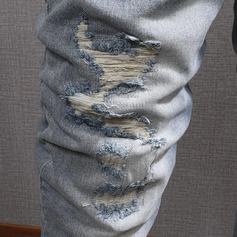 European American Street Fashion Men Jeans Retro Light Blue Slim Fit Ripped Jeans Men Korean Style Destroyed Denim Pencil Pants