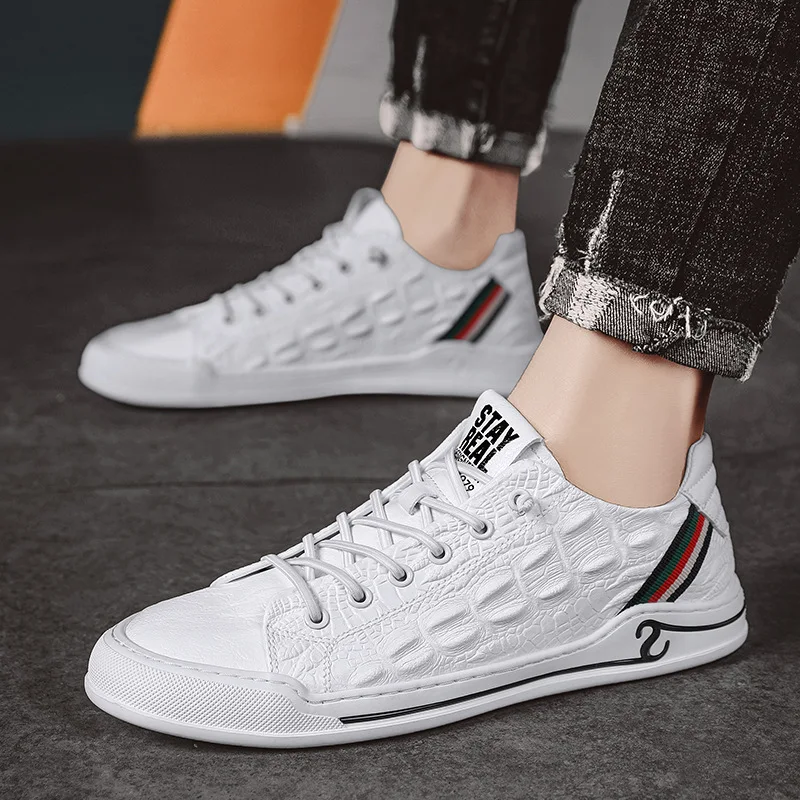 

High Quality Men Genuine Leather Casual Sneakers Crocodile Design Spring Autumn Stripe Lace Up White Men Fashion Footwear