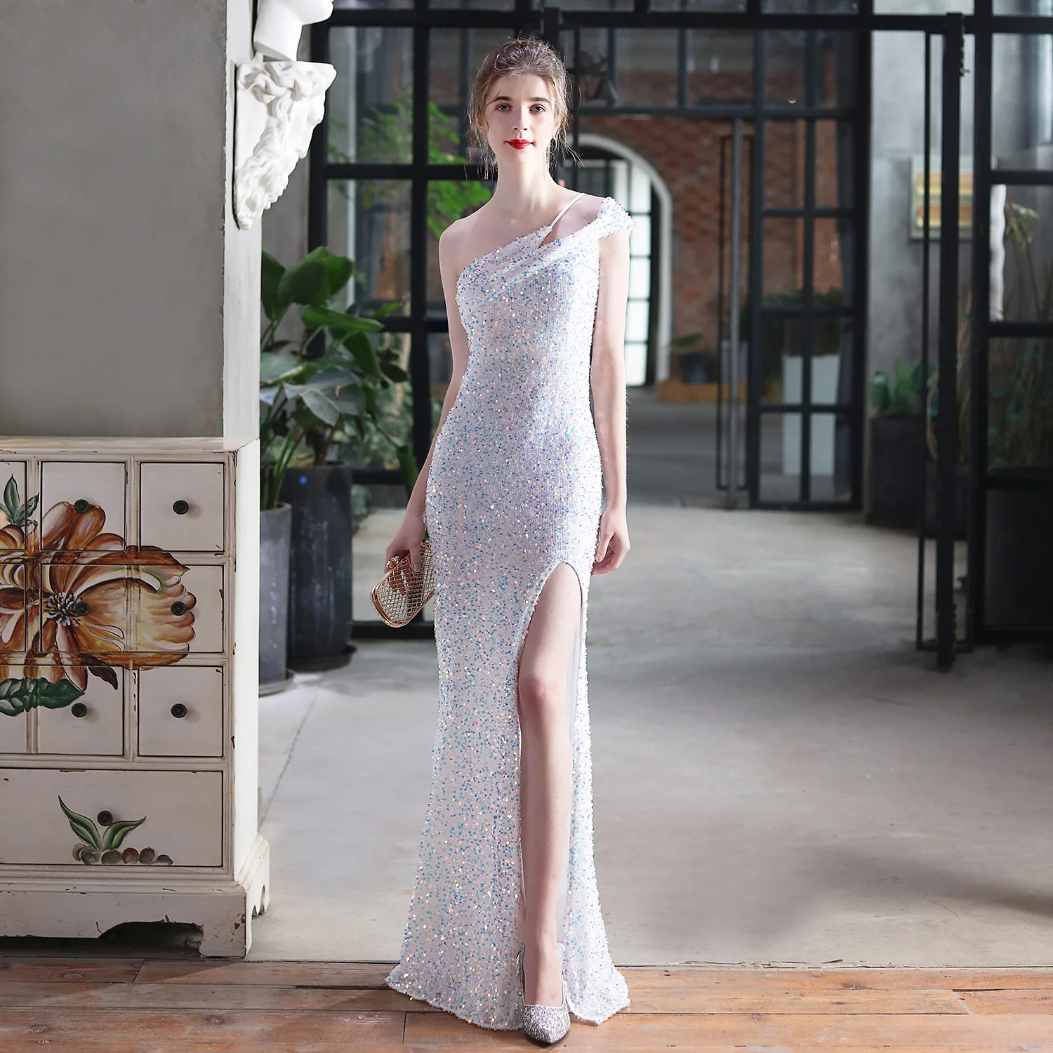 

Trendy Slim Full Length Sparkly Long Cocktail Dresses Evening Gowns Robe De Soire De Mariage Slit One Shoulder Celebrity Gowns