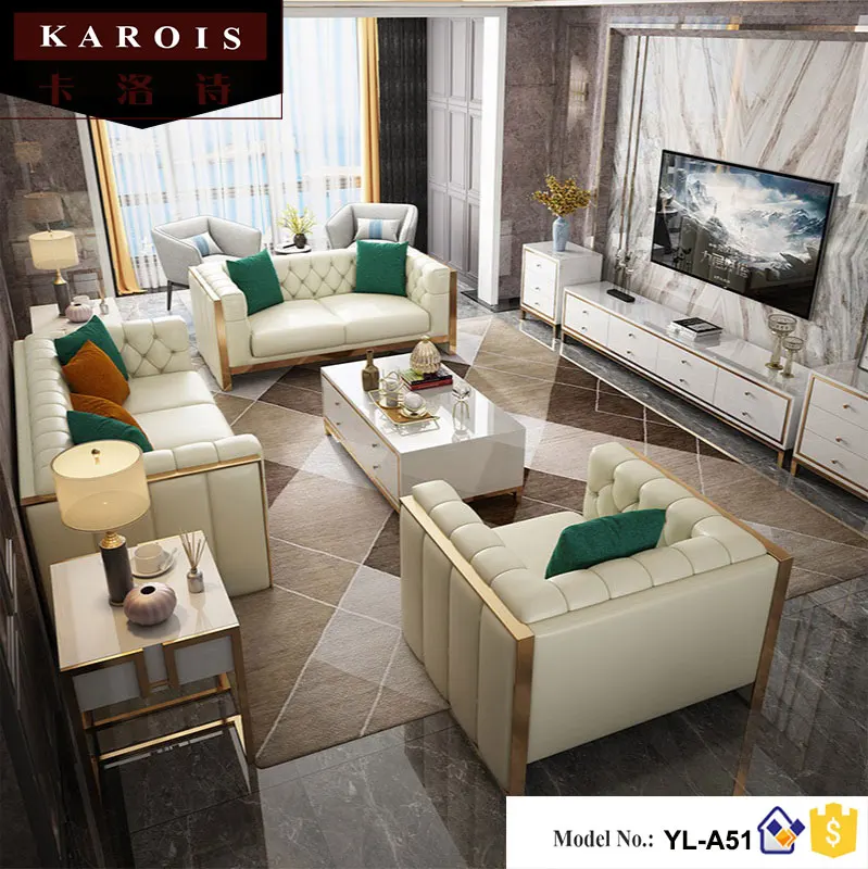 

KAROISNordic Modern First Layer Cowhide Leather Sofa 1+2+3 Minimalist Sofa Combination Hong Kong Style Gold-plated Furniture