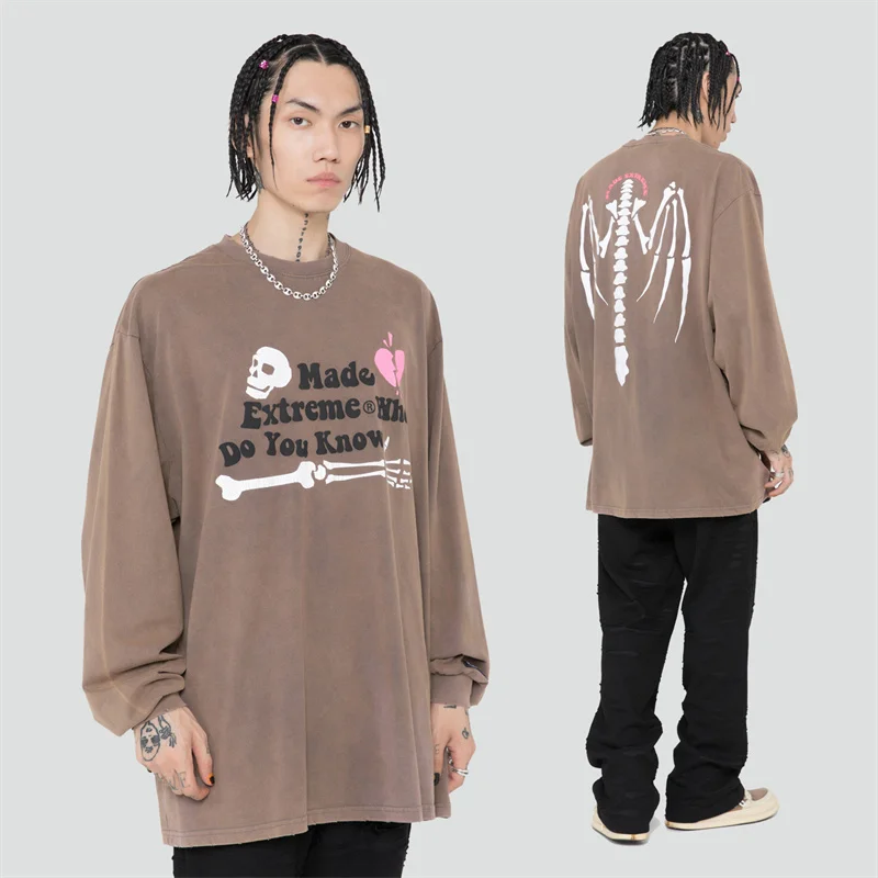 

Men Skeleton Wings Print Vintage T shirts Male O-neck Long Sleeve T-shirt Unisex Oversized 100%Cotton Tops Couple Washed Tees