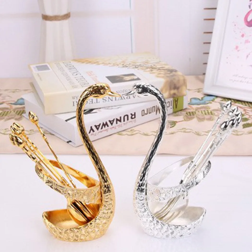 

7Pcs Swan Fruit Base Holder Spoon Forks Set Stainless Steel Salad Dessert Coffee Cake Tableware Kitchen Tools