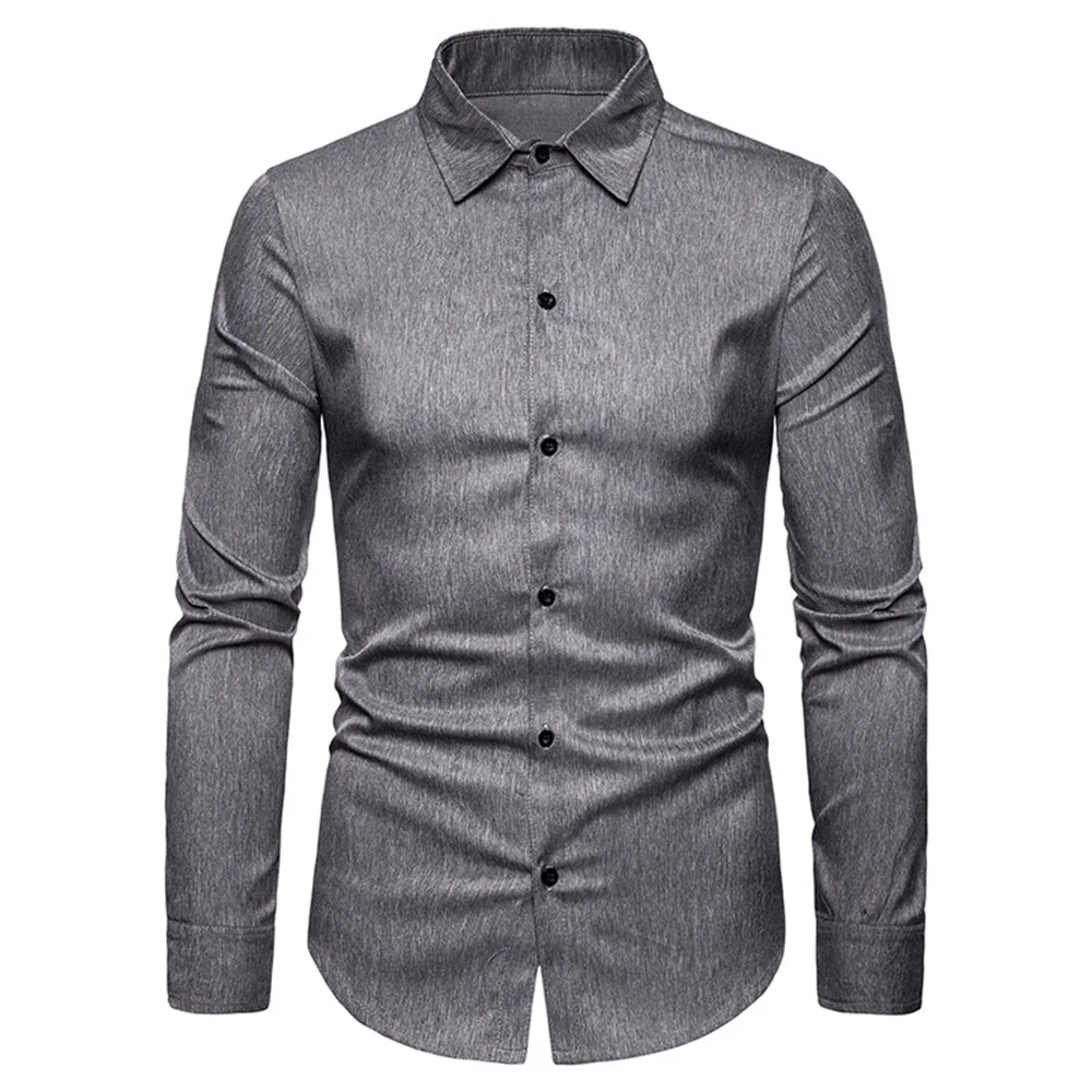 Solid Gray Classic Men Shirt Spring Autumn Brand Fashion Basic Office Casual Tops Long Sleeve Shirts Men's Clothes Work Business |