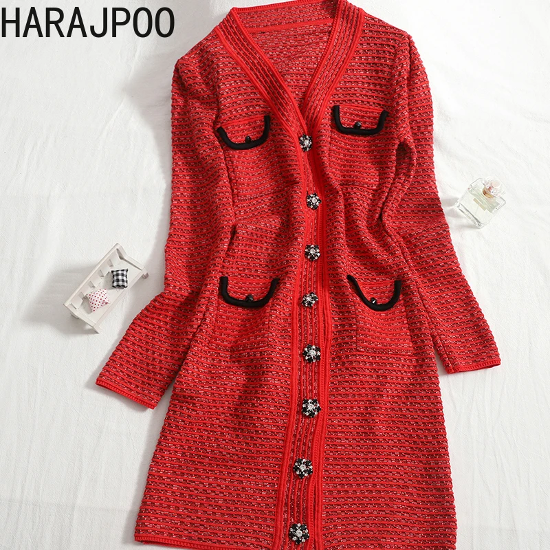 

Женская одежда Harajpoo, корейская модная трикотажная одежда контрастных цветов, с карманами, на пуговицах, с V-образным вырезом, осень 2021, красн...