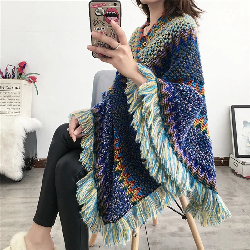 

Ethnic Style Pashmina Spliced Tassels Female Vintage Warm Knitted Leisure Temperament All-Match Soft Street Cloaks Long Shawls