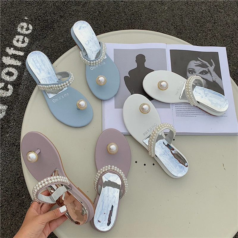 

Slippers Women Summer New Fashion Women's Slippers 2021Pearl Clip Toe Ladies Slides Casual Flip Flops Flats Heeled Flip Flops