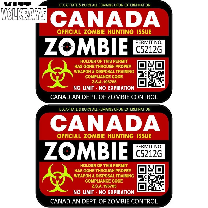 

Volkrays 2 X Fashion Car Sticker Canada Zombie Hunting License Permits Accessories Sunscreen PVC Decal for Passat Mazda,9cm*12cm